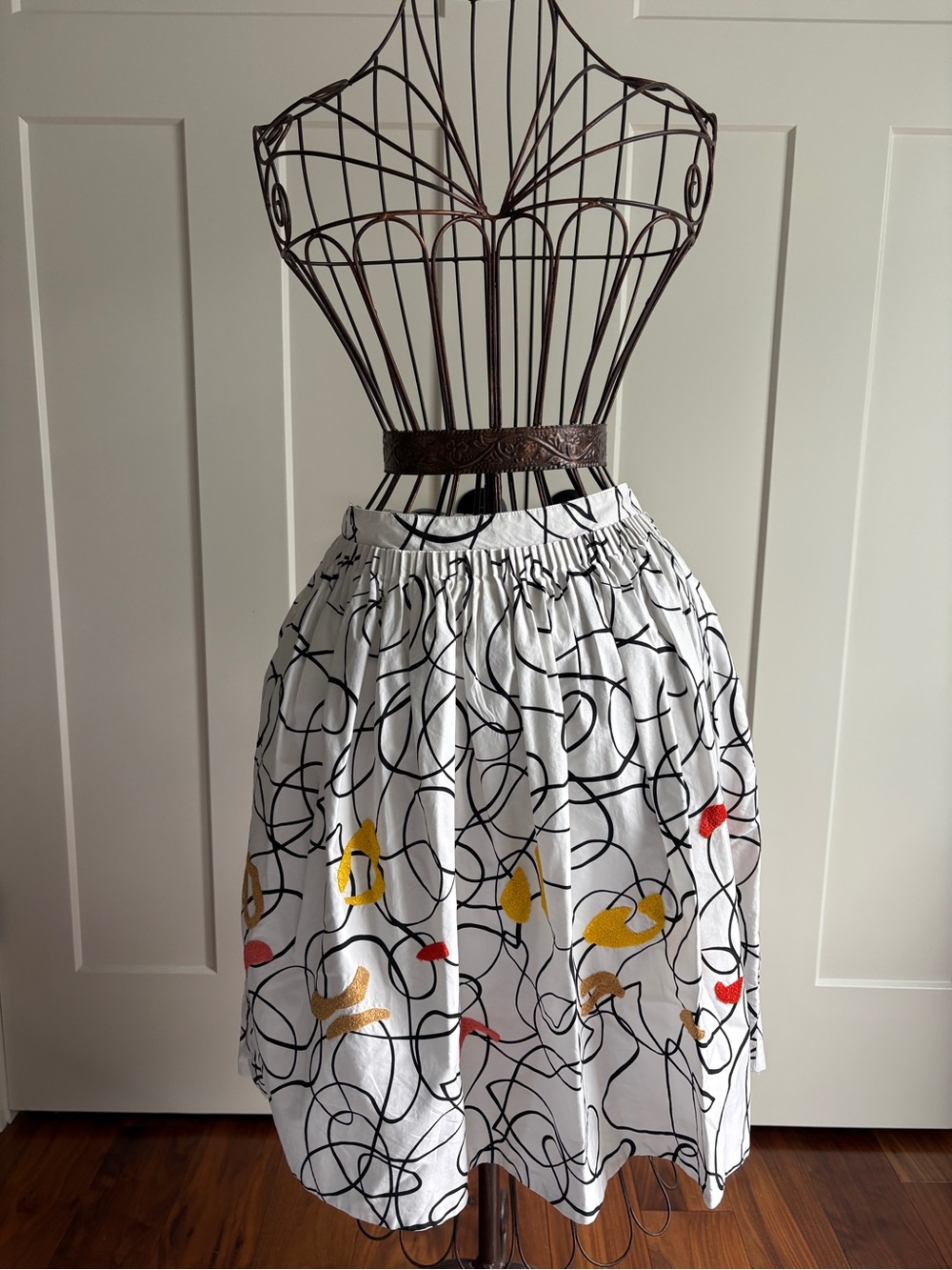 Maeve White Printed Midi Skirt with Black Scribble and Color Accents